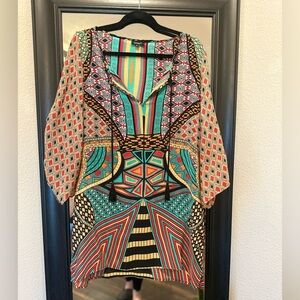 Tolani 100% Silk Vibrant Striped Dress with Teal and Red